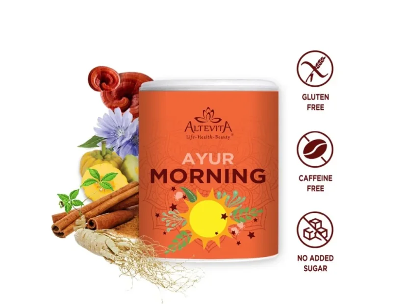 Ayur Morning Altevita bez kofeínu, lepku a pridaného cukru s reishi, ženšenom, cejlónskou škoricou a čakankou na energiu, trávenie a duševnú rovnováhu Ayur Morning Altevita bez kofeínu, lepku a pridaného cukru s reishi, ženšenom, cejlónskou škoricou a čakankou na energiu, trávenie a duševnú rovnováhu