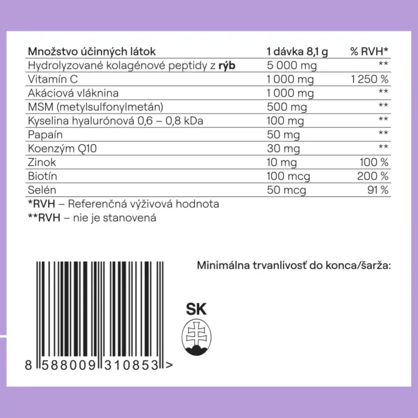 Zloženie ORIN HYDROBOOST s kolagénom, kyselinou hyalurónovou a koenzýmom Q10