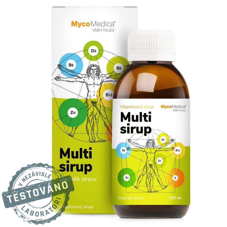 MycoMedica Multi sirup – komplexný vitamínový sirup s vitamínmi D3, B6, B12, C, B9 a zinkom pre imunitu, energiu a celkovú vitalitu