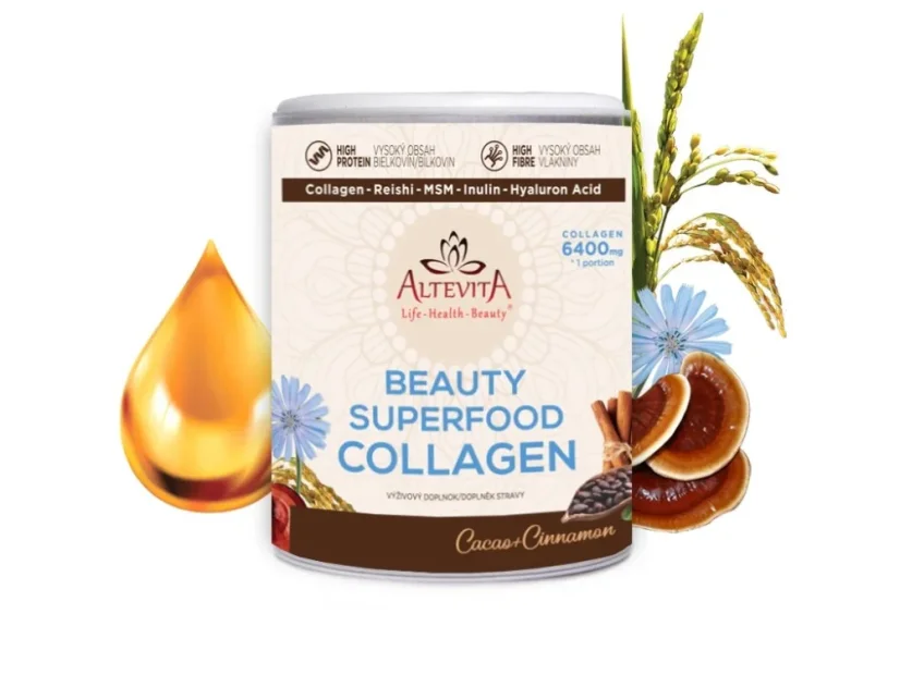 Altevita Beauty Superfood Collagen s príchuťou kakaa a škorice, doplnok výživy s kolagénom, Reishi, MSM, inulínom a kyselinou hyalurónovou