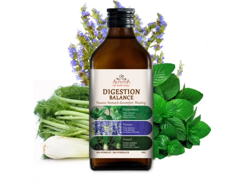 Zmes bio hydrolátov Altevita Digestion Balance s mätou, yzopom a feniklom na podporu trávenia a proti nadúvaniu