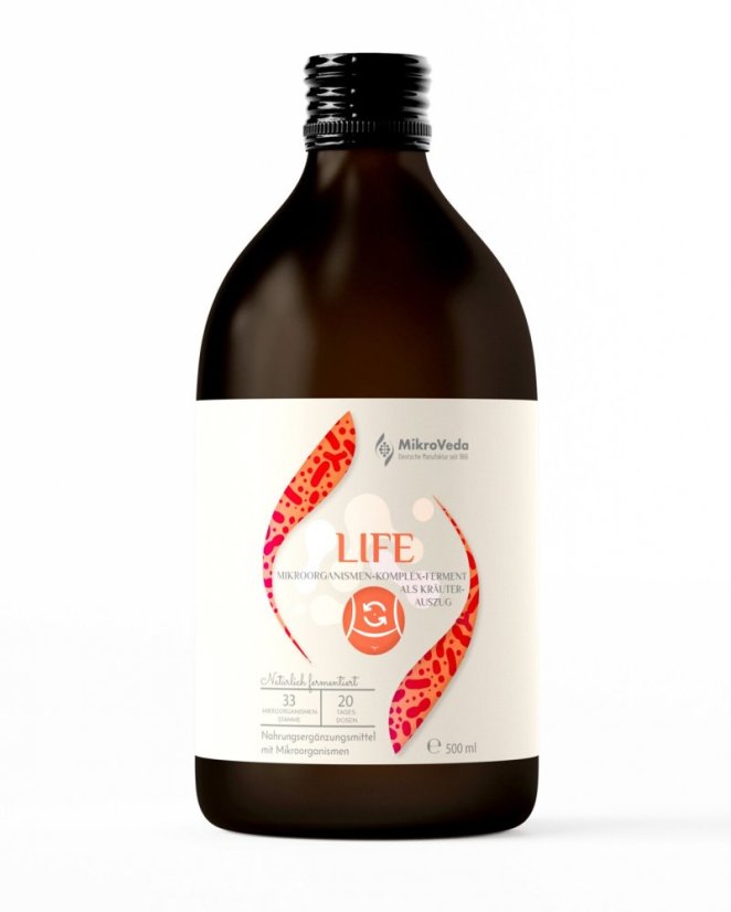 MikroVeda Life 500 ml, fermentovaný komplex 33 kmeňov mikroorganizmov s bylinným extraktom pre črevnú rovnováhu