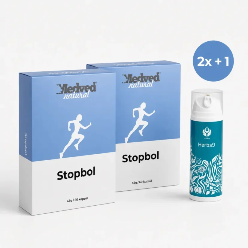 Medveď Natural Stopbol 2×60 kapslí a UKKO Herba9 krém v balíčku na klouby