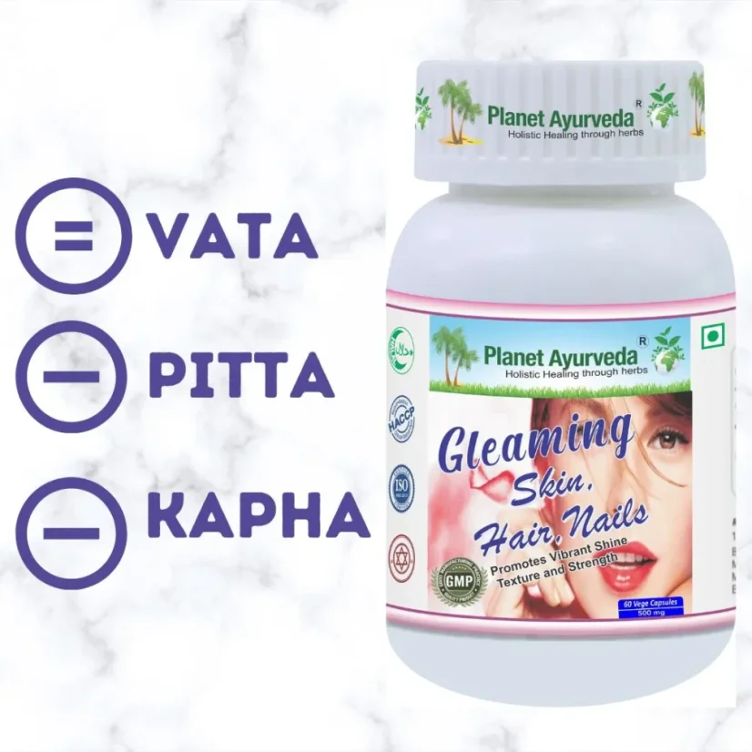 Planet Ayurveda Gleaming Skin, Hair, Nails s ajurvédskym znázornením dóš Vata, Pitta a Kapha