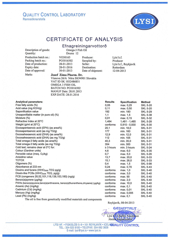 Certifikát analýzy rybieho oleja Omega-3 od spoločnosti Lysi s laboratórnymi výsledkami a parametrami kvality