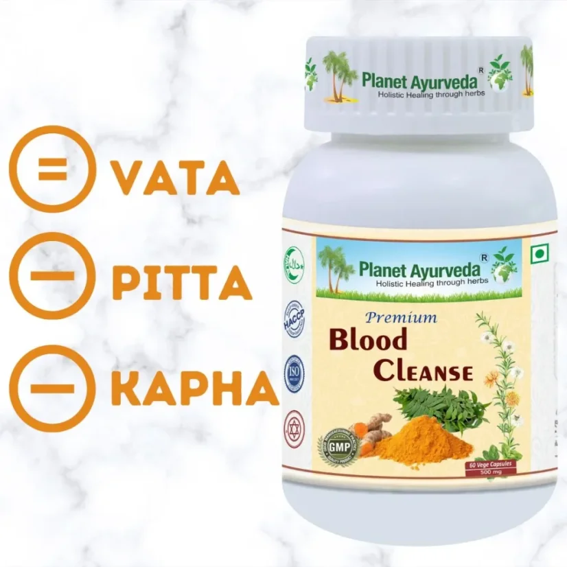 Planet Ayurveda Premium Blood Cleanse s ajurvédskym znázornením dóš Vata, Pitta a Kapha