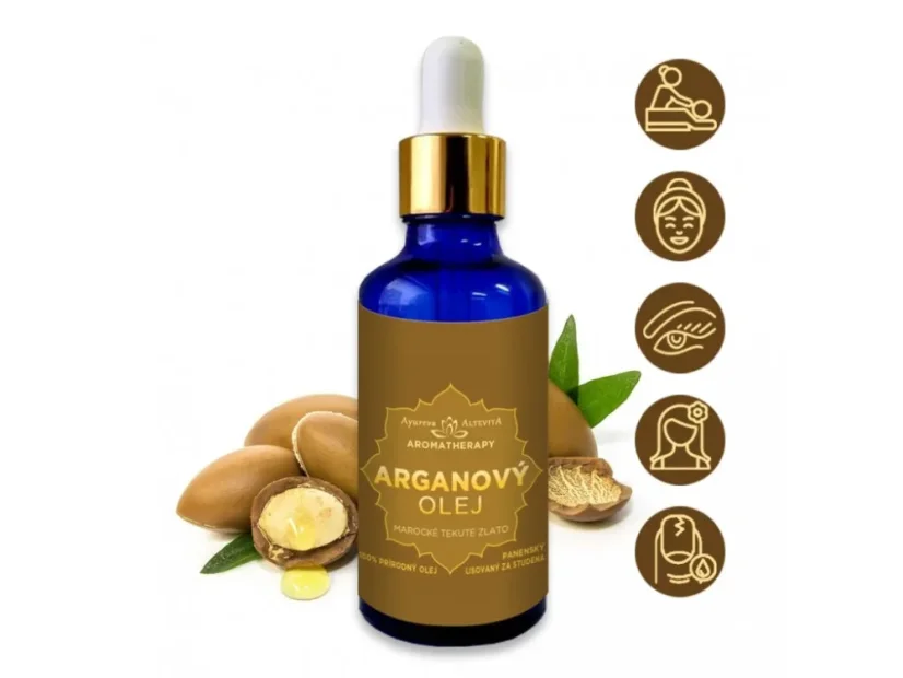 Arganový olej Altevita v modré lahvičce s kapátkem, vhodný na pleť, vlasy, nehty a masáž, označovaný jako marocké tekuté zlato Arganový olej Altevita v modré lahvičce s kapátkem, vhodný na pleť, vlasy, nehty a masáž, označovaný jako marocké tekuté zlato