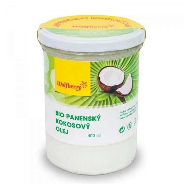 Bio panenský kokosový olej Wolfberry 400 ml v skle – lisovaný za studena, vhodný na varenie aj kozmetiku