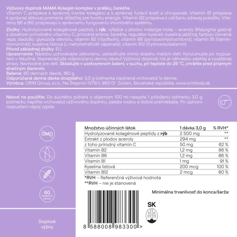 Zloženie a množstvo účinných látok ORIN MAMA kolagénu 180g
