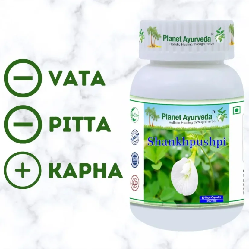 Planet Ayurveda Shankhpushpi s ájurvédským znázorněním dóš Vata, Pitta a Kapha