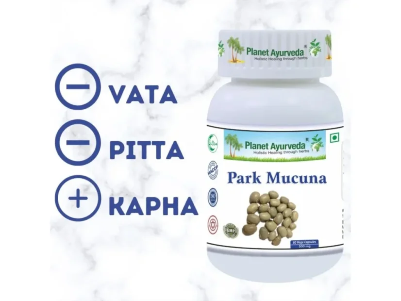 Planet Ayurveda Park Mucuna s ájurvédským znázorněním dóš Vata, Pitta a Kapha