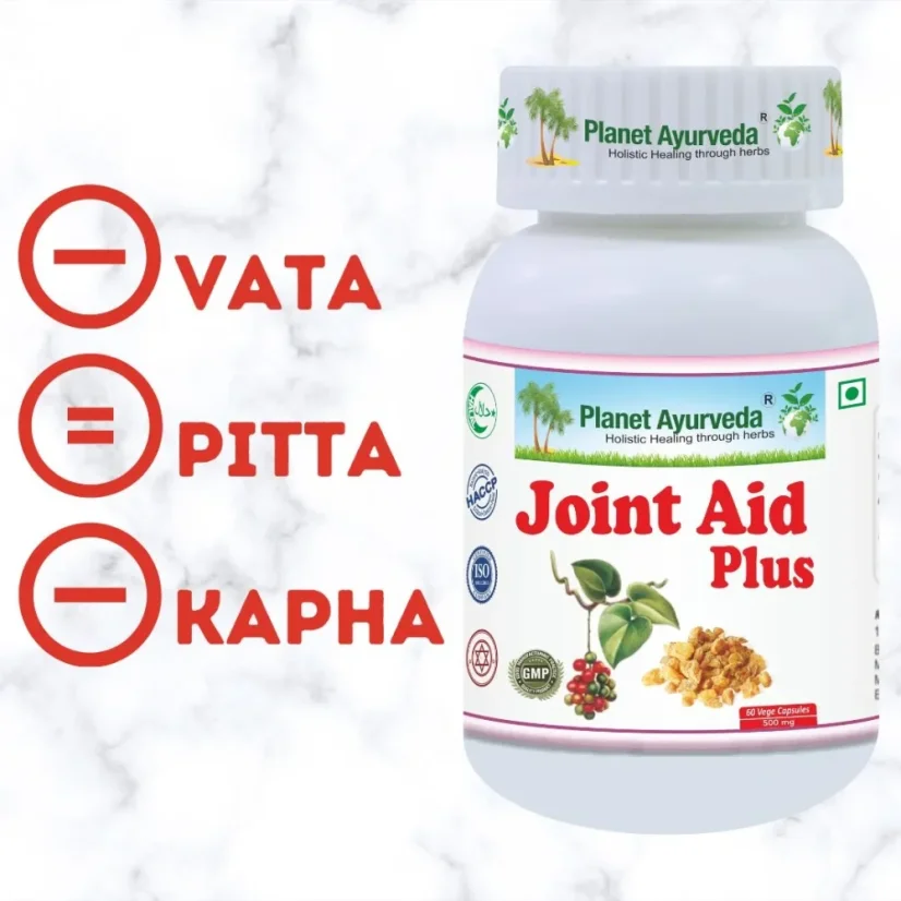 Planet Ayurveda Joint Aid Plus s ajurvédskym znázornením dóš Vata, Pitta a Kapha