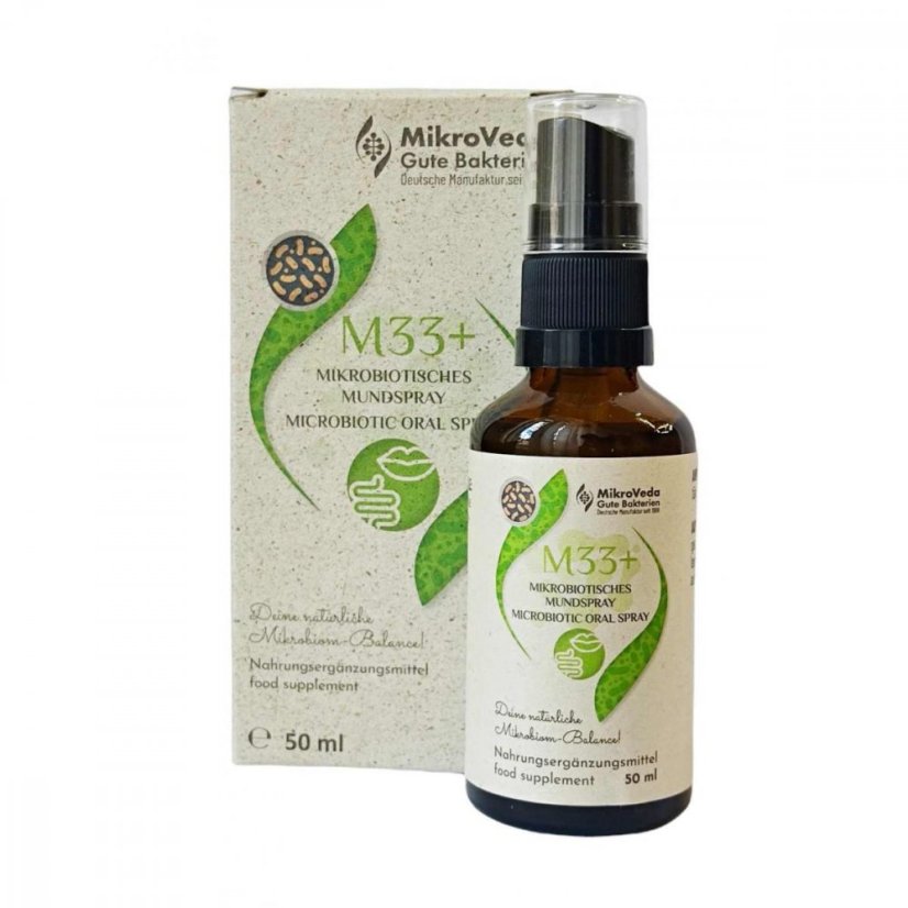 M33+ mikrobiotický ústny sprej MikroVeda 50 ml – podpora ústnej mikroflóry a rovnováhy mikrobiómu M33+ mikrobiotický ústny sprej MikroVeda 50 ml – podpora ústnej mikroflóry a rovnováhy mikrobiómu