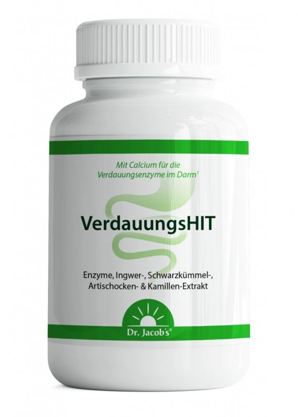 Dr. Jacob’s VerdauungsHIT – trávicí enzymy se zázvorem, černým kmínem, artyčokem a heřmánkem pro podporu trávení