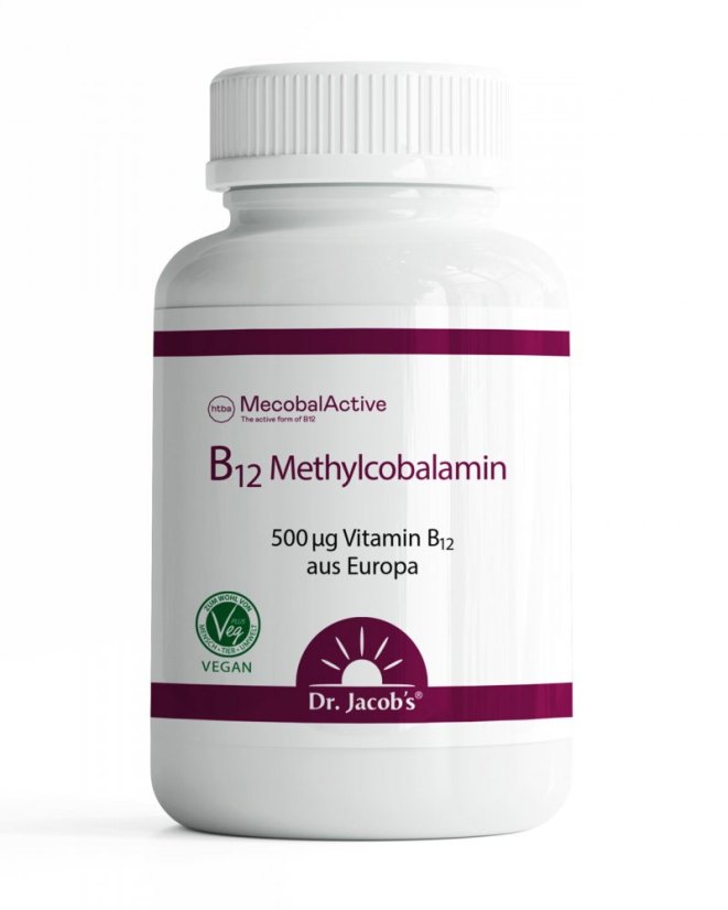 Výživový doplnok Dr. Jacob’s B12 Methylkobalamín 500 µg, aktívna forma vitamínu B12 na podporu energie a nervového systému