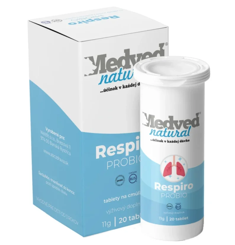 Medveď Natural Respiro PROBIO – probiotické tablety na cmúľanie pre deti od 3 rokov, podpora dýchacích ciest a imunity, 20 tabliet
