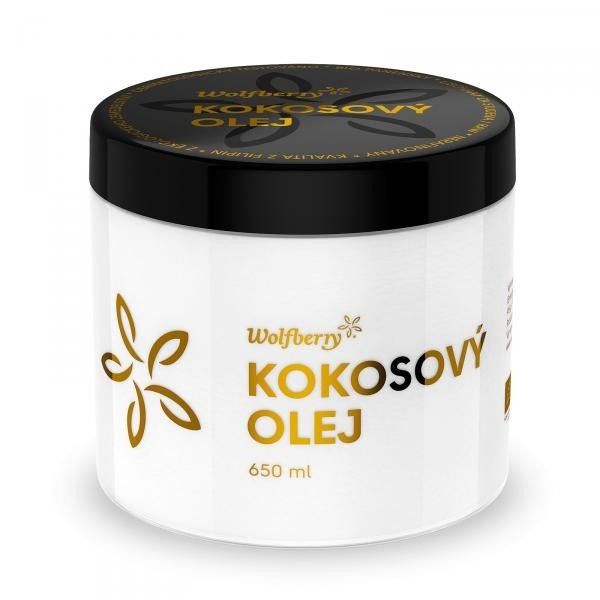 Kokosový olej Wolfberry 650 ml v bielej plastovej dóze s čiernym viečkom – vhodný na varenie aj kozmetické použitie