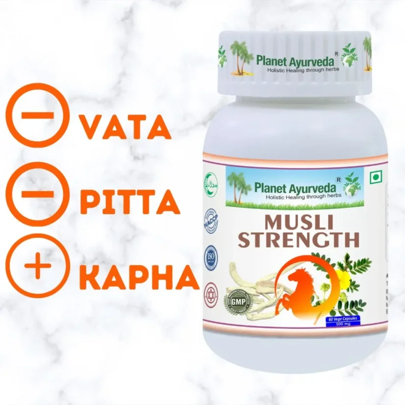 Planet Ayurveda Musli Strength s ajurvédskym znázornením dóš Vata, Pitta a Kapha