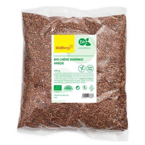Bio ľanové semienko hnedé Wolfberry v priehľadnom balení s ekologickými certifikátmi