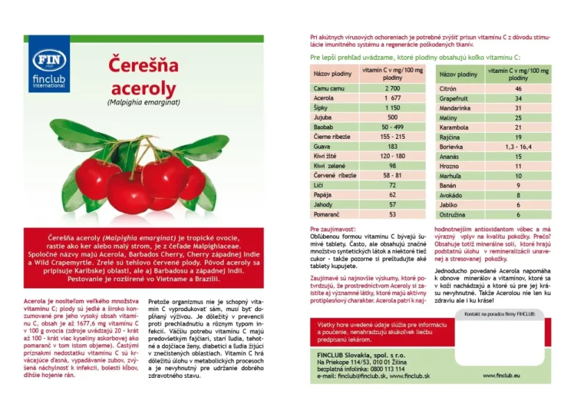 Infografika Finclub Čerešňa aceroly – prirodzený zdroj vitamínu C, porovnanie obsahu vitamínu C v ovocí a jeho účinky na imunitu a regeneráciu