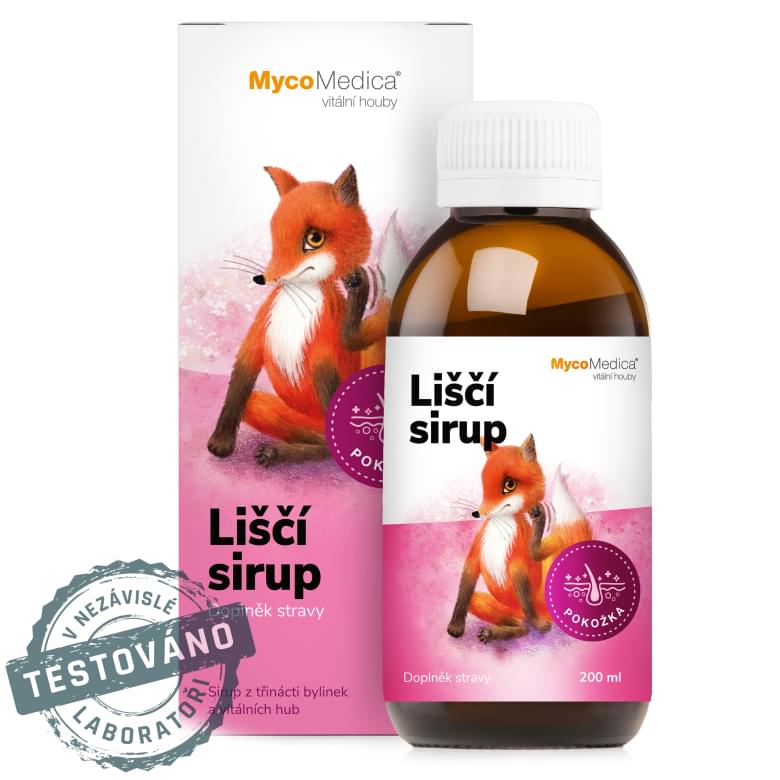 Doplněk stravy Liščí sirup od MycoMedica, 200 ml, pro podporu zdravé pokožky u dětí, s razítkem Testováno v nezávislé laboratoři Doplněk stravy Liščí sirup od MycoMedica, 200 ml, pro podporu zdravé pokožky u dětí, s razítkem Testováno v nezávislé laboratoři